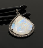 Moonstone Pendant, Gemstone Pendant, Diamond Pendant, Pave Diamond Pendant - Oxidized Sterling Silver Rainbow Moonstone Pendant