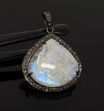 Moonstone Pendant, Gemstone Pendant, Diamond Pendant, Pave Diamond Pendant - Oxidized Sterling Silver Rainbow Moonstone Pendant