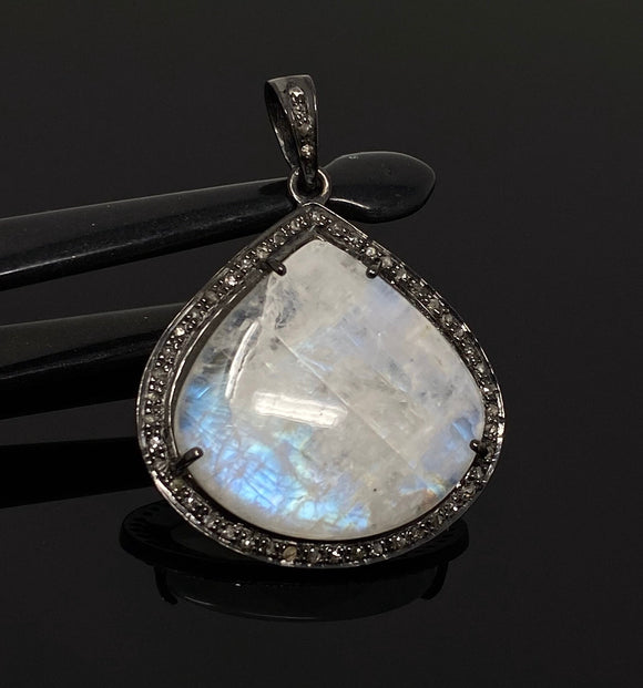 Moonstone Pendant, Gemstone Pendant, Diamond Pendant, Pave Diamond Pendant - Oxidized Sterling Silver Rainbow Moonstone Pendant
