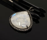 Moonstone Pendant, Gemstone Pendant, Diamond Pendant, Pave Diamond Pendant - Oxidized Sterling Silver Rainbow Moonstone Pendant