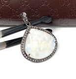 Moonstone Pendant, Gemstone Pendant, Diamond Pendant, Pave Diamond Pendant - Oxidized Sterling Silver Rainbow Moonstone Pendant