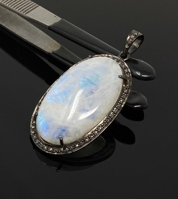 Rainbow Moonstone Gemstone Pendant, Diamond Pendant, Gemstone Pendant, Pave Diamond Pendant, Moonstone Pendant, Sterling Silver Jewelry