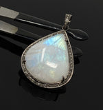 Moonstone Pendant, Gemstone Pendant, Diamond Pendant, Pave Diamond Pendant - Oxidized Sterling Silver Rainbow Moonstone Pendant