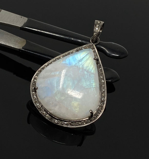 Moonstone Pendant, Gemstone Pendant, Diamond Pendant, Pave Diamond Pendant - Oxidized Sterling Silver Rainbow Moonstone Pendant