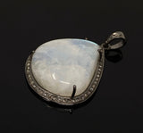 Moonstone Pendant, Gemstone Pendant, Diamond Pendant, Pave Diamond Pendant - Oxidized Sterling Silver Rainbow Moonstone Pendant