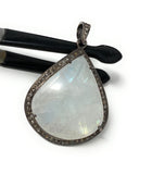 Moonstone Pendant, Gemstone Pendant, Diamond Pendant, Pave Diamond Pendant - Oxidized Sterling Silver Rainbow Moonstone Pendant