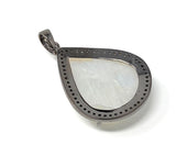 Moonstone Pendant, Gemstone Pendant, Diamond Pendant, Pave Diamond Pendant - Oxidized Sterling Silver Rainbow Moonstone Pendant