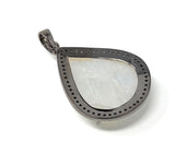 Moonstone Pendant, Gemstone Pendant, Diamond Pendant, Pave Diamond Pendant - Oxidized Sterling Silver Rainbow Moonstone Pendant