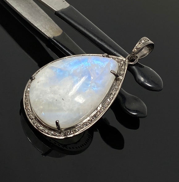 Moonstone Pendant, Gemstone Pendant, Diamond Pendant, Pave Diamond Pendant - Oxidized Sterling Silver Rainbow Moonstone Pendant