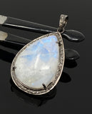 Moonstone Pendant, Gemstone Pendant, Diamond Pendant, Pave Diamond Pendant - Oxidized Sterling Silver Rainbow Moonstone Pendant
