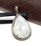 Moonstone Pendant, Gemstone Pendant, Diamond Pendant, Pave Diamond Pendant - Oxidized Sterling Silver Rainbow Moonstone Pendant