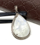 Moonstone Pendant, Gemstone Pendant, Diamond Pendant, Pave Diamond Pendant - Oxidized Sterling Silver Rainbow Moonstone Pendant