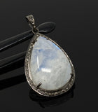 Moonstone Pendant, Gemstone Pendant, Diamond Pendant, Pave Diamond Pendant - Oxidized Sterling Silver Rainbow Moonstone Pendant