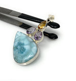 Natural Larimar with Amethyst and Citrine Gemstone Pendant, Sterling Silver Jewelry, Larimar Pendant, Amethyst Pendant, Bohemian Jewelry