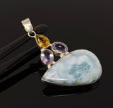 Natural Larimar with Amethyst and Citrine Gemstone Pendant, Sterling Silver Jewelry, Larimar Pendant, Amethyst Pendant, Bohemian Jewelry