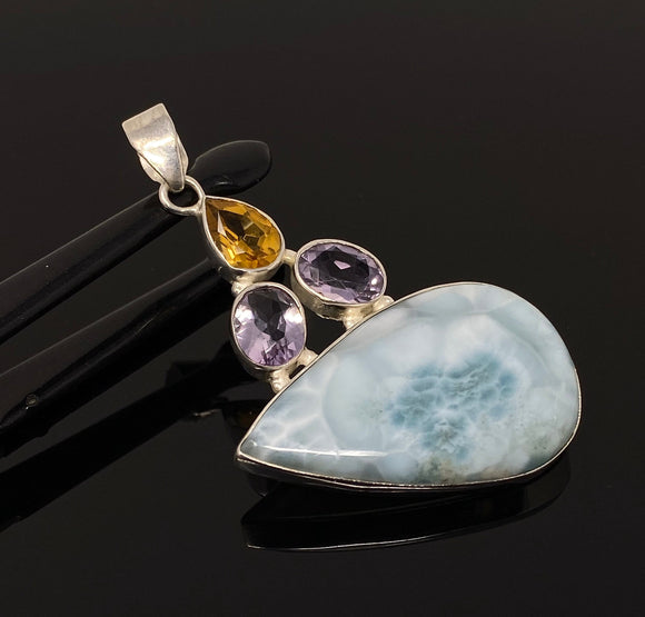 Natural Larimar with Amethyst and Citrine Gemstone Pendant, Sterling Silver Jewelry, Larimar Pendant, Amethyst Pendant, Bohemian Jewelry