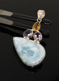 Natural Larimar with Amethyst and Citrine Gemstone Pendant, Sterling Silver Jewelry, Larimar Pendant, Amethyst Pendant, Bohemian Jewelry