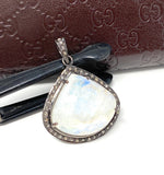 Moonstone Pendant, Gemstone Pendant, Diamond Pendant, Pave Diamond Pendant - Oxidized Sterling Silver Rainbow Moonstone Pendant