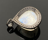Moonstone Pendant, Gemstone Pendant, Diamond Pendant, Pave Diamond Pendant - Oxidized Sterling Silver Rainbow Moonstone Pendant