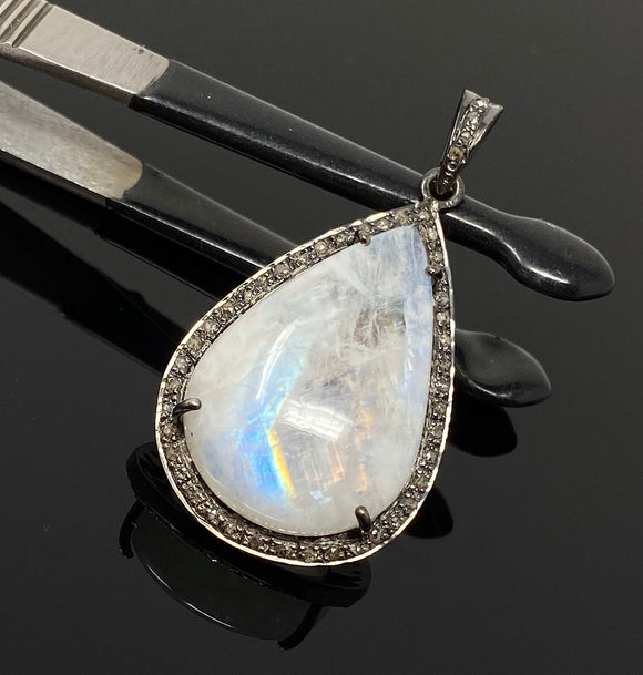 Moonstone Pendant, Gemstone Pendant, Diamond Pendant, Pave Diamond Pendant - Oxidized Sterling Silver Rainbow Moonstone Pendant