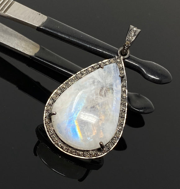 Moonstone Pendant, Gemstone Pendant, Diamond Pendant, Pave Diamond Pendant - Oxidized Sterling Silver Rainbow Moonstone Pendant
