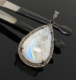 Moonstone Pendant, Gemstone Pendant, Diamond Pendant, Pave Diamond Pendant - Oxidized Sterling Silver Rainbow Moonstone Pendant