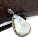 Moonstone Pendant, Gemstone Pendant, Diamond Pendant, Pave Diamond Pendant - Oxidized Sterling Silver Rainbow Moonstone Pendant