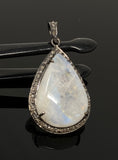 Moonstone Pendant, Gemstone Pendant, Diamond Pendant, Pave Diamond Pendant - Oxidized Sterling Silver Rainbow Moonstone Pendant