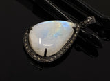 Moonstone Pendant, Gemstone Pendant, Diamond Pendant, Pave Diamond Pendant - Oxidized Sterling Silver Rainbow Moonstone Pendant
