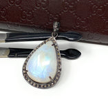 Moonstone Pendant, Gemstone Pendant, Diamond Pendant, Pave Diamond Pendant - Oxidized Sterling Silver Rainbow Moonstone Pendant