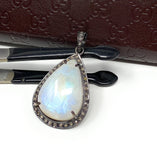 Moonstone Pendant, Gemstone Pendant, Diamond Pendant, Pave Diamond Pendant - Oxidized Sterling Silver Rainbow Moonstone Pendant
