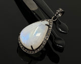 Moonstone Pendant, Gemstone Pendant, Diamond Pendant, Pave Diamond Pendant - Oxidized Sterling Silver Rainbow Moonstone Pendant
