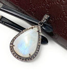 Moonstone Pendant, Gemstone Pendant, Diamond Pendant, Pave Diamond Pendant - Oxidized Sterling Silver Rainbow Moonstone Pendant