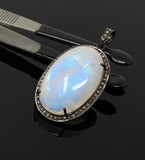Rainbow Moonstone Gemstone Pendant, Diamond Pendant, Gemstone Pendant, Pave Diamond Pendant, Moonstone Pendant, Sterling Silver Jewelry
