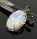 Rainbow Moonstone Gemstone Pendant, Diamond Pendant, Gemstone Pendant, Pave Diamond Pendant, Moonstone Pendant, Sterling Silver Jewelry