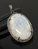 Rainbow Moonstone Gemstone Pendant, Diamond Pendant, Gemstone Pendant, Pave Diamond Pendant, Moonstone Pendant, Sterling Silver Jewelry