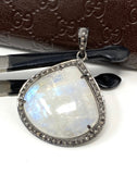 Moonstone Pendant, Gemstone Pendant, Diamond Pendant, Pave Diamond Pendant - Oxidized Sterling Silver Rainbow Moonstone Pendant
