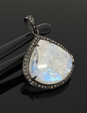 Moonstone Pendant, Gemstone Pendant, Diamond Pendant, Pave Diamond Pendant - Oxidized Sterling Silver Rainbow Moonstone Pendant