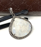 Moonstone Pendant, Gemstone Pendant, Diamond Pendant, Pave Diamond Pendant - Oxidized Sterling Silver Rainbow Moonstone Pendant