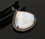 Moonstone Pendant, Gemstone Pendant, Diamond Pendant, Pave Diamond Pendant - Oxidized Sterling Silver Rainbow Moonstone Pendant