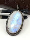 Rainbow Moonstone Gemstone Pendant, Diamond Pendant, Gemstone Pendant, Pave Diamond Pendant, Moonstone Pendant, Sterling Silver Jewelry