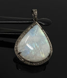 Moonstone Pendant, Gemstone Pendant, Diamond Pendant, Pave Diamond Pendant - Oxidized Sterling Silver Rainbow Moonstone Pendant
