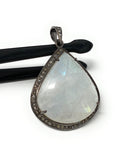 Moonstone Pendant, Gemstone Pendant, Diamond Pendant, Pave Diamond Pendant - Oxidized Sterling Silver Rainbow Moonstone Pendant