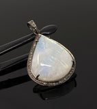 Moonstone Pendant, Gemstone Pendant, Diamond Pendant, Pave Diamond Pendant - Oxidized Sterling Silver Rainbow Moonstone Pendant