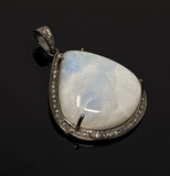 Moonstone Pendant, Gemstone Pendant, Diamond Pendant, Pave Diamond Pendant - Oxidized Sterling Silver Rainbow Moonstone Pendant