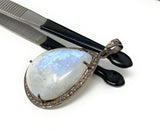 Moonstone Pendant, Gemstone Pendant, Diamond Pendant, Pave Diamond Pendant - Oxidized Sterling Silver Rainbow Moonstone Pendant