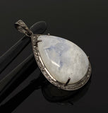 Moonstone Pendant, Gemstone Pendant, Diamond Pendant, Pave Diamond Pendant - Oxidized Sterling Silver Rainbow Moonstone Pendant