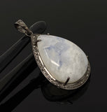 Moonstone Pendant, Gemstone Pendant, Diamond Pendant, Pave Diamond Pendant - Oxidized Sterling Silver Rainbow Moonstone Pendant