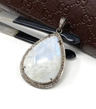 Moonstone Pendant, Gemstone Pendant, Diamond Pendant, Pave Diamond Pendant - Oxidized Sterling Silver Rainbow Moonstone Pendant