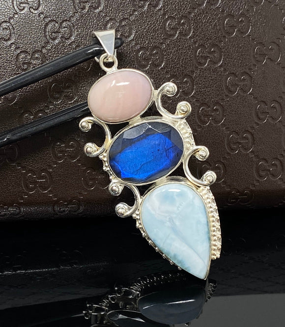 Larimar Pendant, Labradorite Pendant, Pink Opal Wire Wrapped Pendant, Gemstone Pendant, Silver Jewelry Gifts for Her, Bohemian Jewelry